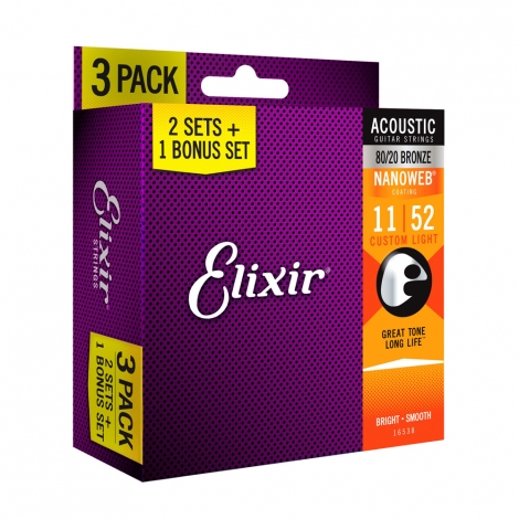 Elixir 16538 (3 sets 11027) Nanoweb Snaren voor Akoestische Gitaar (11-52) 3-Pack